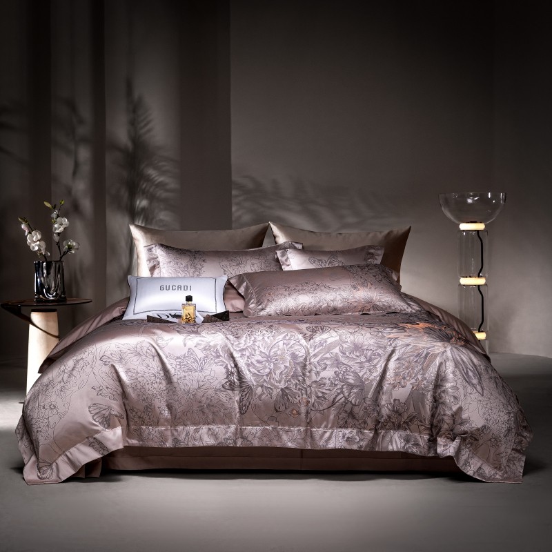 Home Textiles Premium - Egyptian-サテンの羽毛布団カバー,茶色のプレミアムジャカード寝具セット,柔らかく絹のようなカバー,フラットまたはフィットシート,枕カバー,豪華,4個