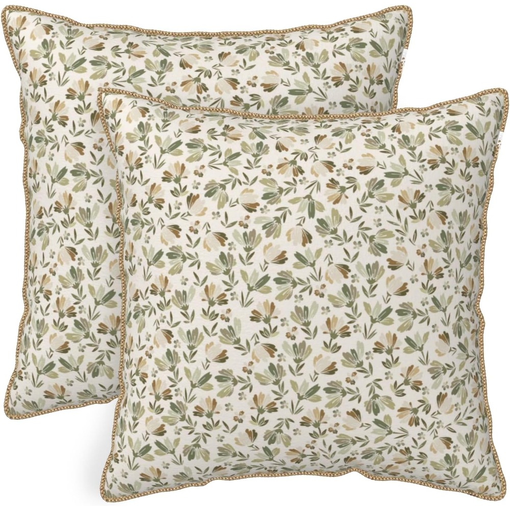 Pillow Insert 18X18 - セージグリーン、ベージュ、花柄、柔らかいベルベット素材のクッションカバー2点セット。素朴でヴィンテージ風のブラウンの花柄装飾クッションカバー、サイズ18x18インチ。