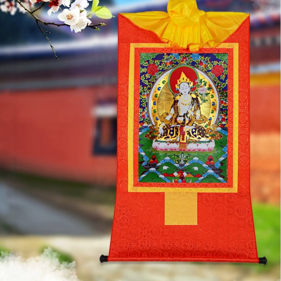 白タラ仏陀タンカ金箔シルク巻物35cm チベットの長寿祝福壁 - Home Textiles & Decorations のレビューと価格