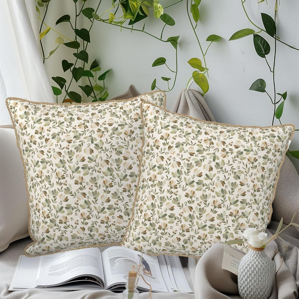 セージグリーン、ベージュ、花柄、柔らかいベルベット素材のクッ - Pillow Insert 18X18 のレビューと価格